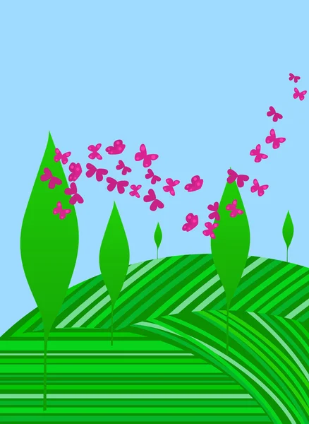 美丽的春天树木和蝴蝶 — 图库矢量图片