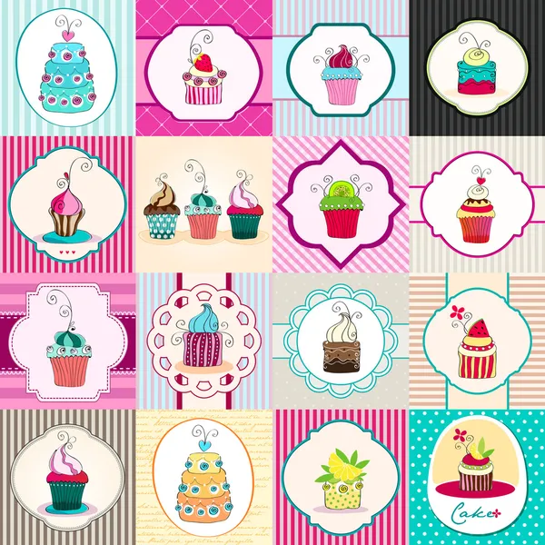 Conjunto de cartões de cupcake retro bonito Vetores De Stock Royalty-Free