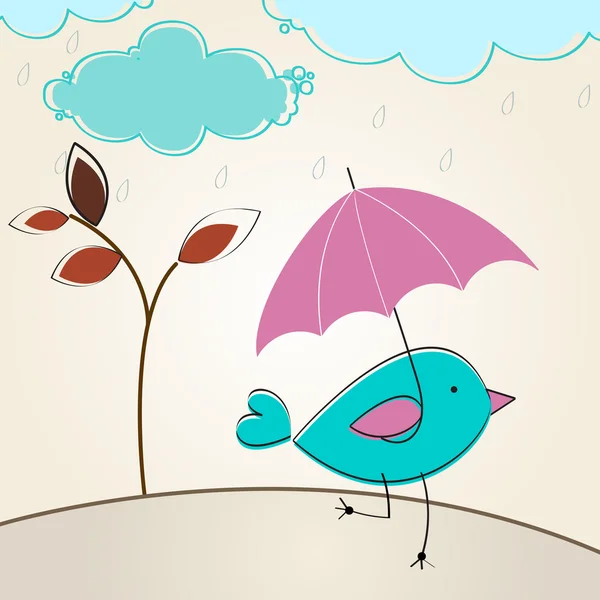 Cute autumn bird with umbrella illustration — Stock Vector