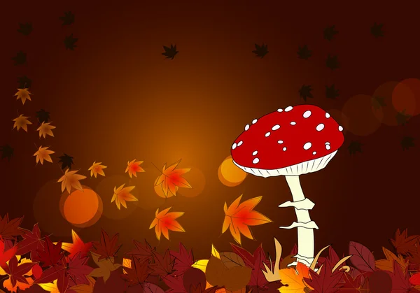 Cute autumn scene with mushroom and leaves — Stock Vector