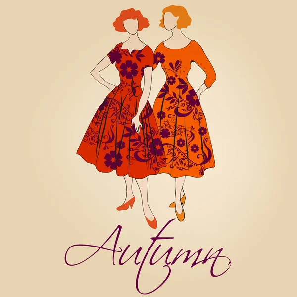 Elegante otoño vintage moda damas — Archivo Imágenes Vectoriales