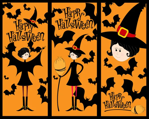 Niedliche Halloween-Illustration mit niedlicher Hexe und Fledermäusen — Stockvektor