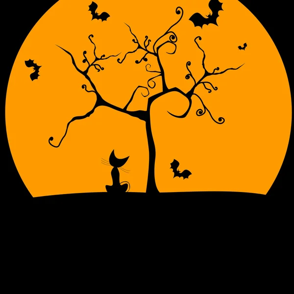 Ilustração de Halloween bonito com gato e morcegos — Vetor de Stock