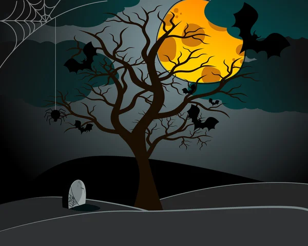 Graziosa illustrazione di Halloween con pipistrelli e vecchio albero — Vettoriale Stock