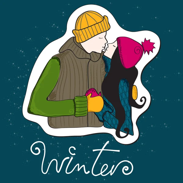 Mignon style dessiné à la main couple d'hiver — Image vectorielle