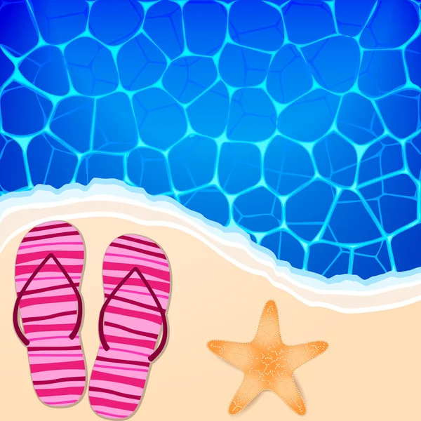 Εικονογράφηση καλοκαίρι με τον ωκεανό, παραλία, flip-flops και αστερίες — Διανυσματικό Αρχείο