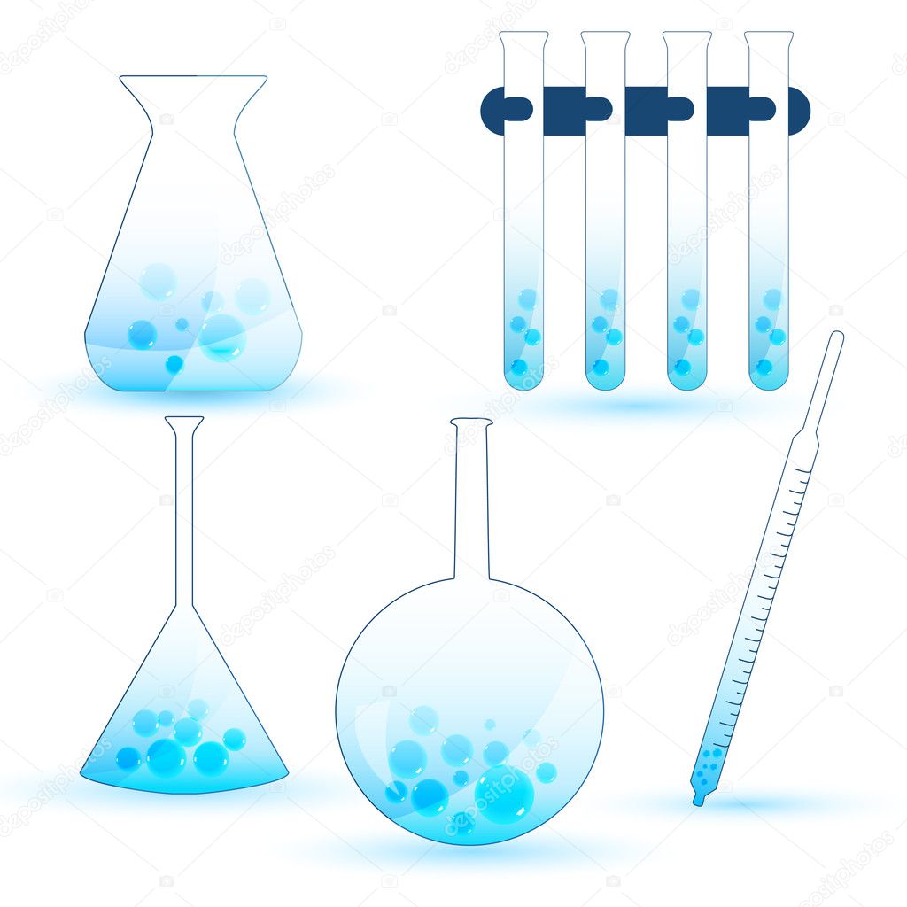 Set of detailed, glossy scientific icons and items on white back