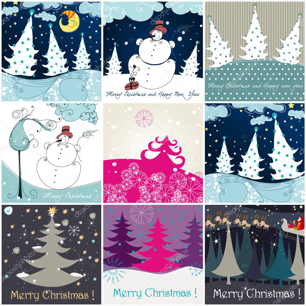 Set of cute hand drawn style Christmas illustrations