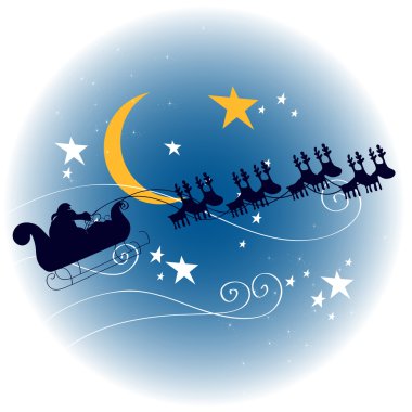 Santa's sleigh flying in front of a full Moon clipart