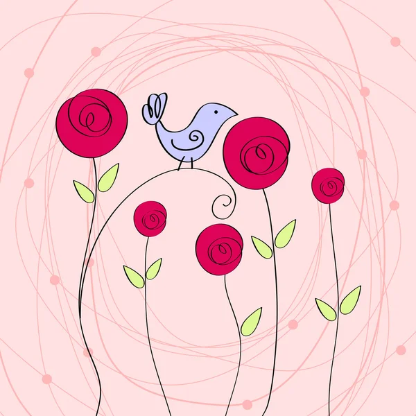 Χαριτωμένο ρομαντική εικόνα με πουλί και τριαντάφυλλα — Διανυσματικό Αρχείο