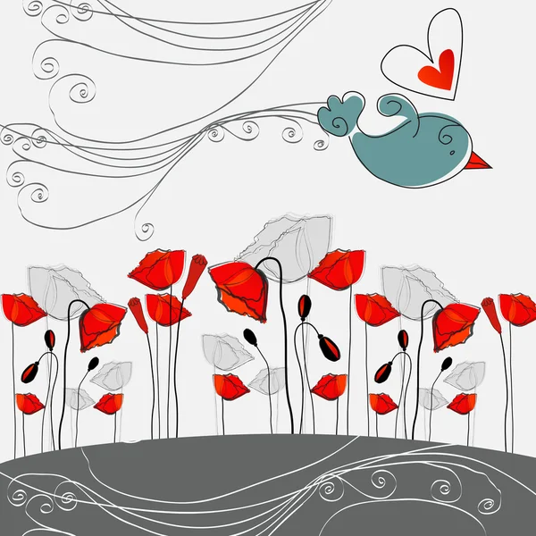 Gyönyörű, kézzel rajzolt stílusban Pipacsok és a szerelem madár — Stock Vector