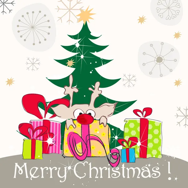 Linda tarjeta de felicitación de Navidad con renos y árbol de Navidad Ilustración De Stock