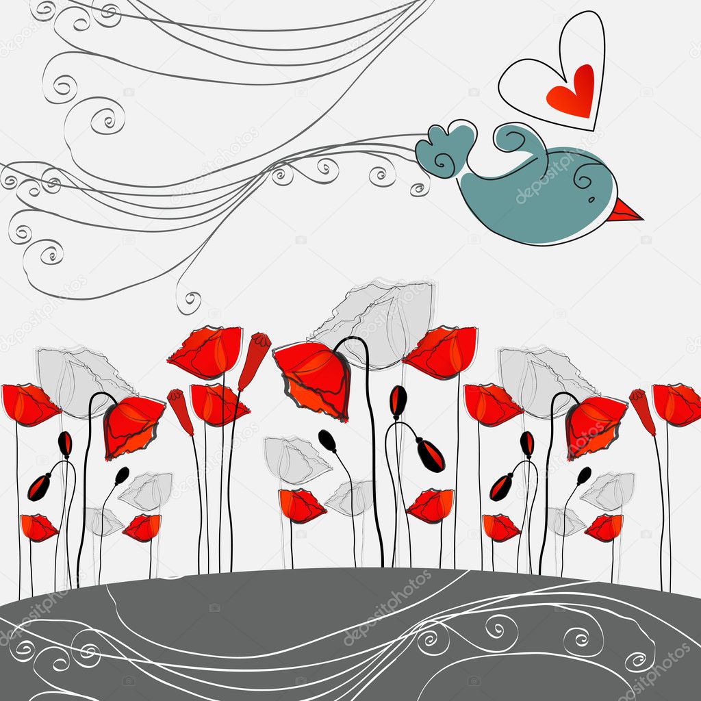 Beautiful, hand drawn style poppies and bird in love