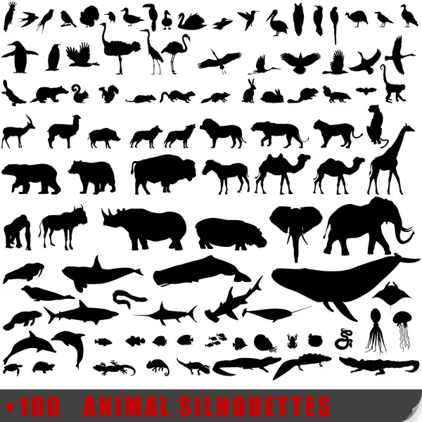 100 の非常に詳細な動物のシルエットのセット — ストックベクタ