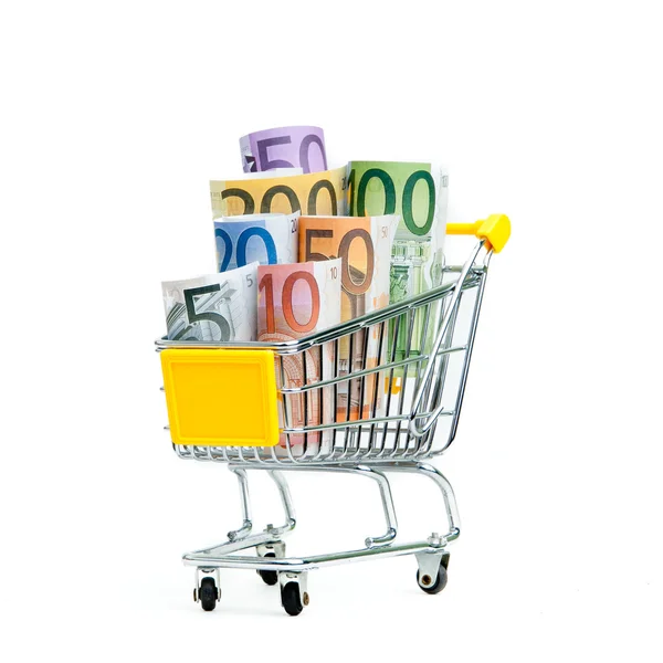Carrinho de compras com notas de euro em branco — Fotografia de Stock