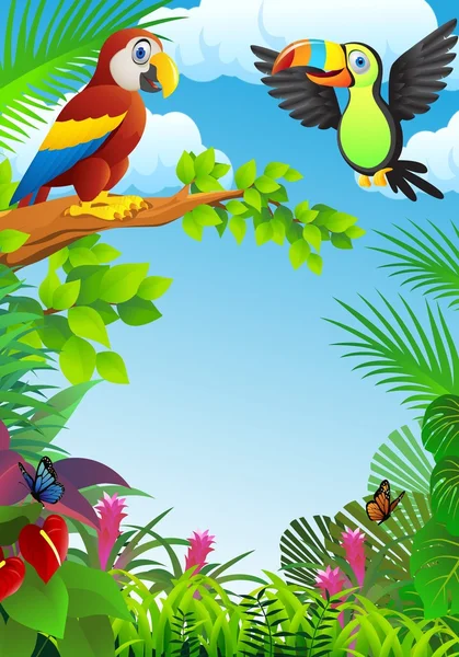 Uccelli nella foresta tropicale — Vettoriale Stock