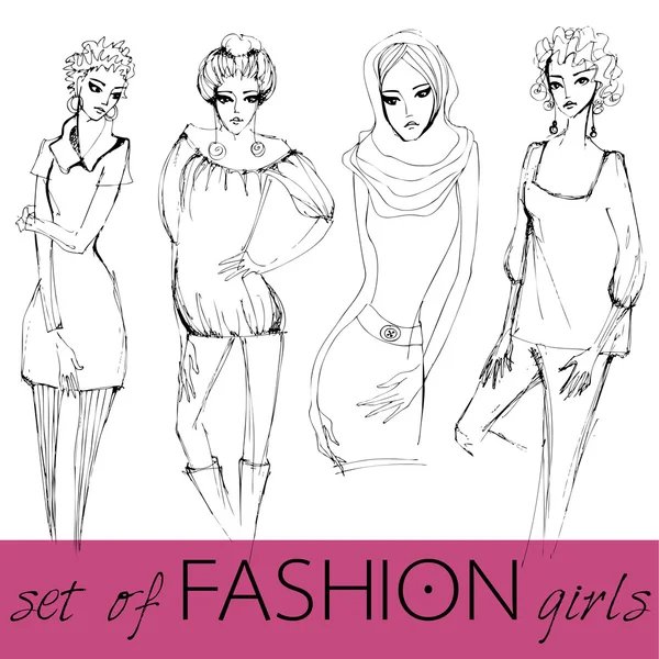Set of illustrated elegant stylized fashion models — Stock Photo, Image