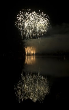 Colorful fireworks on black sky background with water reflection clipart