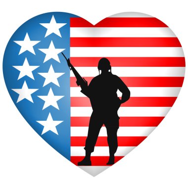 Silhouetted Soldier heart American Flag.Vector clipart