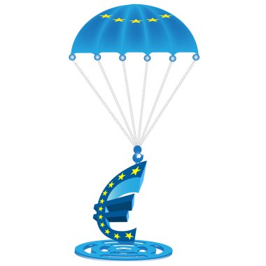 Parachute with the European flag on it holding a Euro.Vector clipart