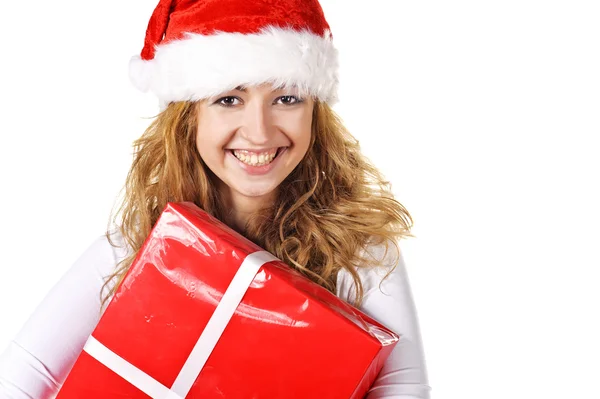 Christmas girl holding gift — Stock Photo, Image