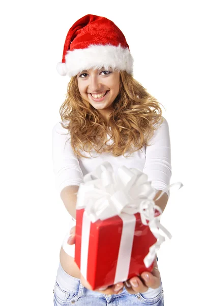 Christmas girl holding gift — Stock Photo, Image