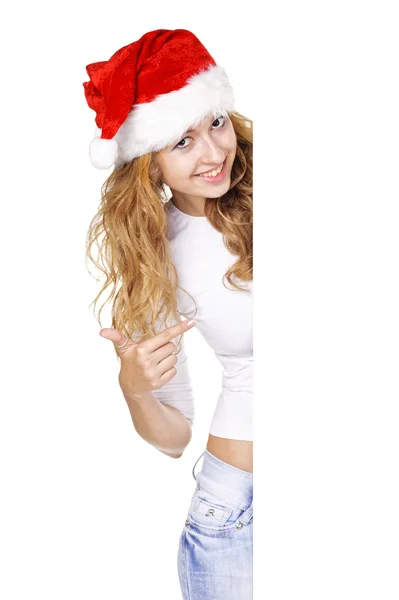 Christmas woman with Blank sign — Stock Photo, Image