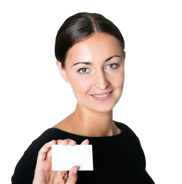 Geschäftsfrau zeigt leere Visitenkarte — Stockfoto