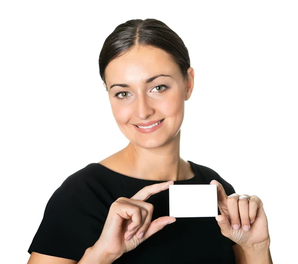 Jonge mooie vrouw presenteert haar visitekaartje — Stockfoto
