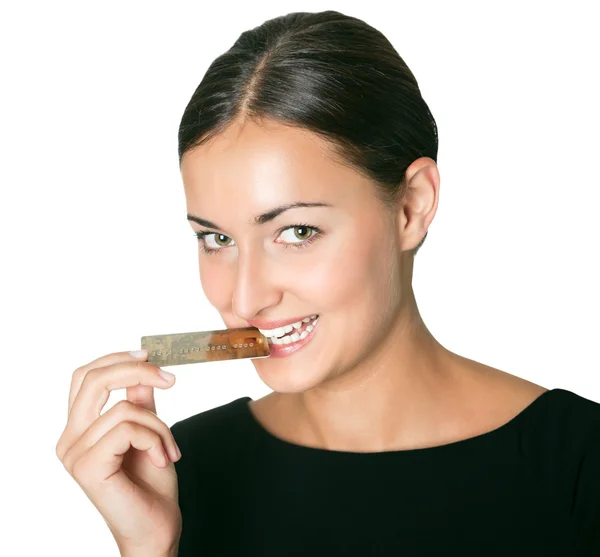 Shopaholic - segurando um cartão de crédito na boca — Fotografia de Stock