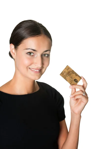 Красивая молодая женщина с кредиткой — стоковое фото