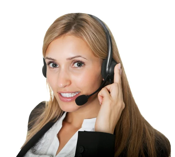 Succesvolle jonge vrouwelijke call center uitvoerend — Stockfoto