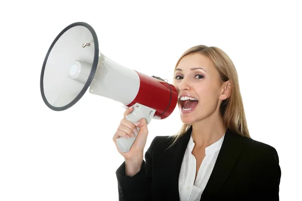 Business woman giving instructions with megaphone — Stock Photo, Image