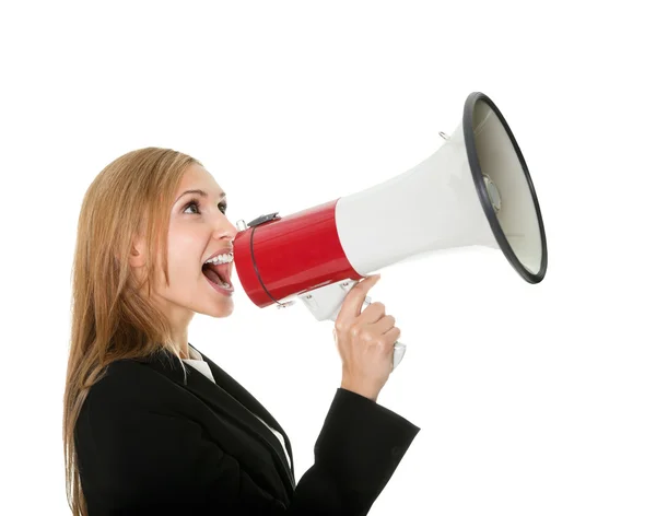Kvinnliga verkställande skrek genom en megafon — Stockfoto