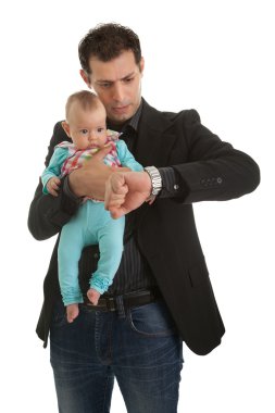 Businessman holding a kid and checking time clipart