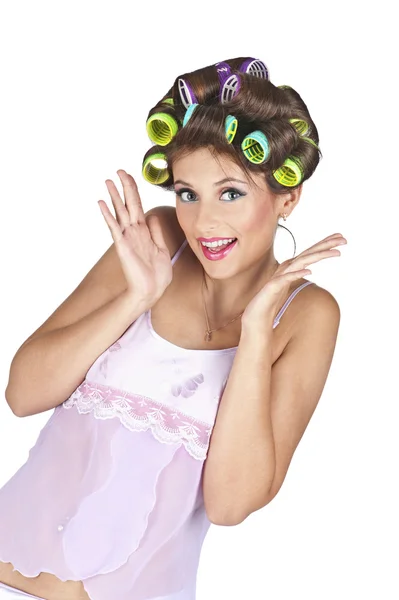 Woman with hair-curlers — Stock Photo, Image