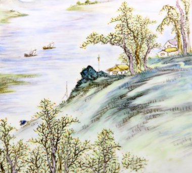 Asian traditional painting of landscape clipart