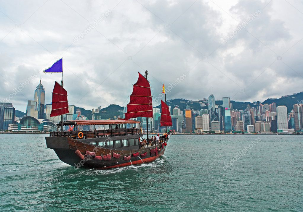 Hong Kong harbour with tourist junk
