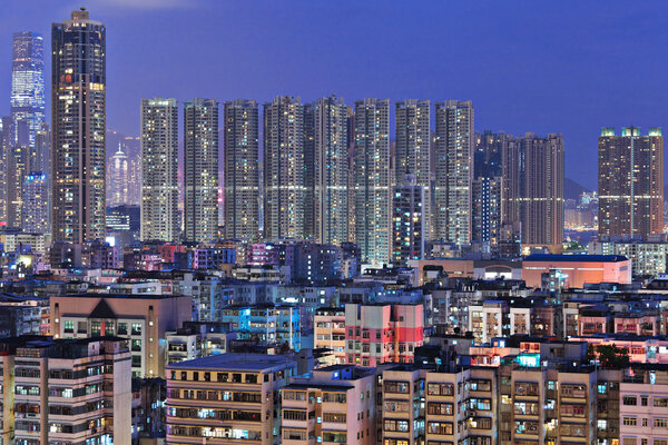Hong Kong with crowded buildings at night