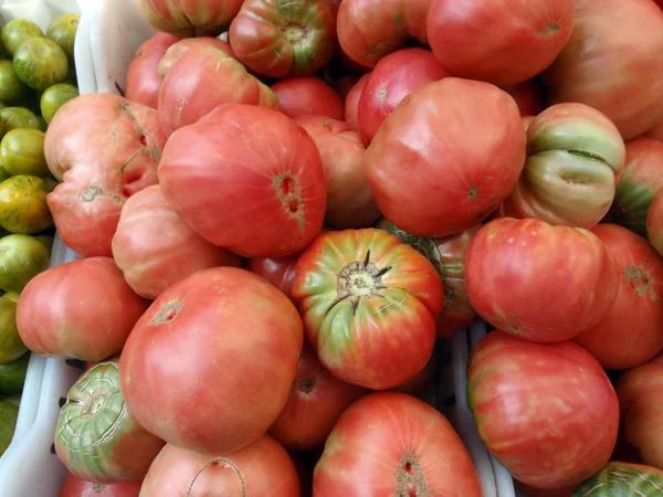 Red Heirloom Tomates para venda no mercado de agricultores — Fotografia de Stock