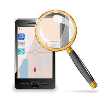 Mobile phone and a magnifying glass. clipart