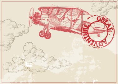 Vintage paper background with plane and clouds clipart