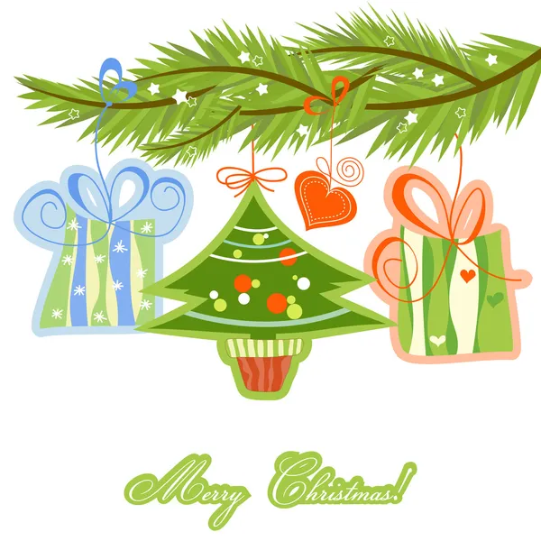 Christmas tree twig and gifts — Stock Vector