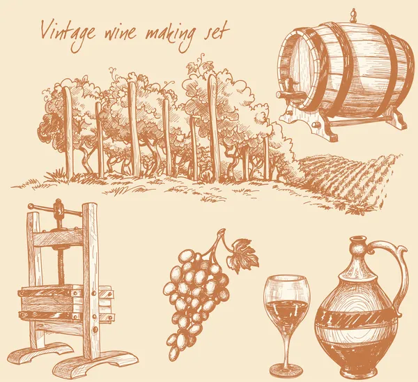 Vintage vinho e vinho fazendo conjunto —  Vetores de Stock
