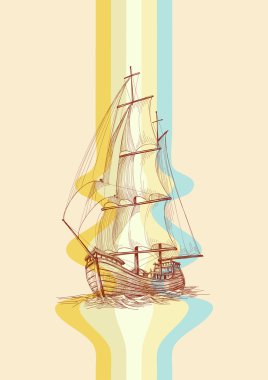 Vintage design waves and sailing boat clipart