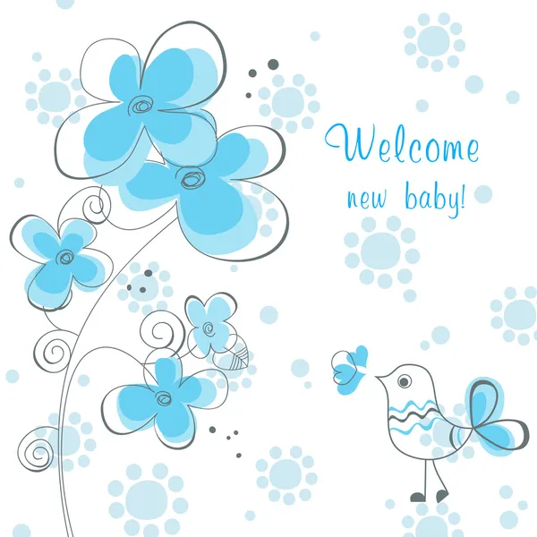 Baby boy shower with flowers and cute bird — Stock Vector