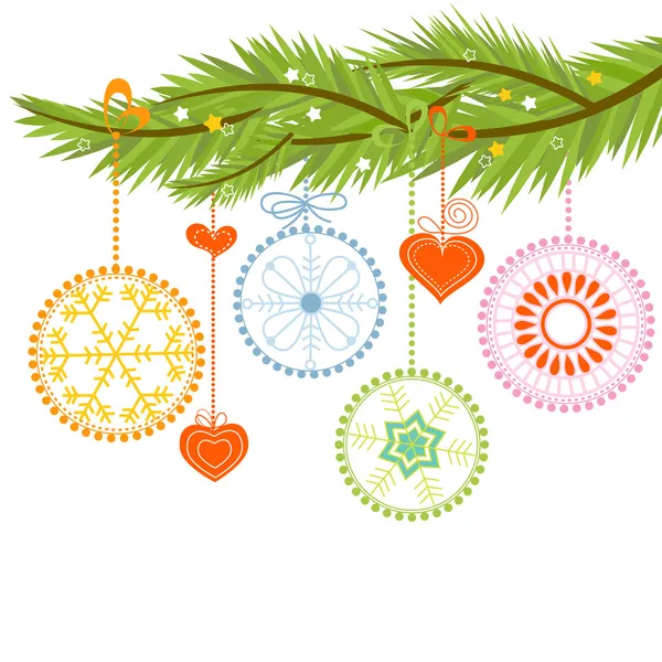Rama de pino y bolas de Navidad sobre blanco — Archivo Imágenes Vectoriales