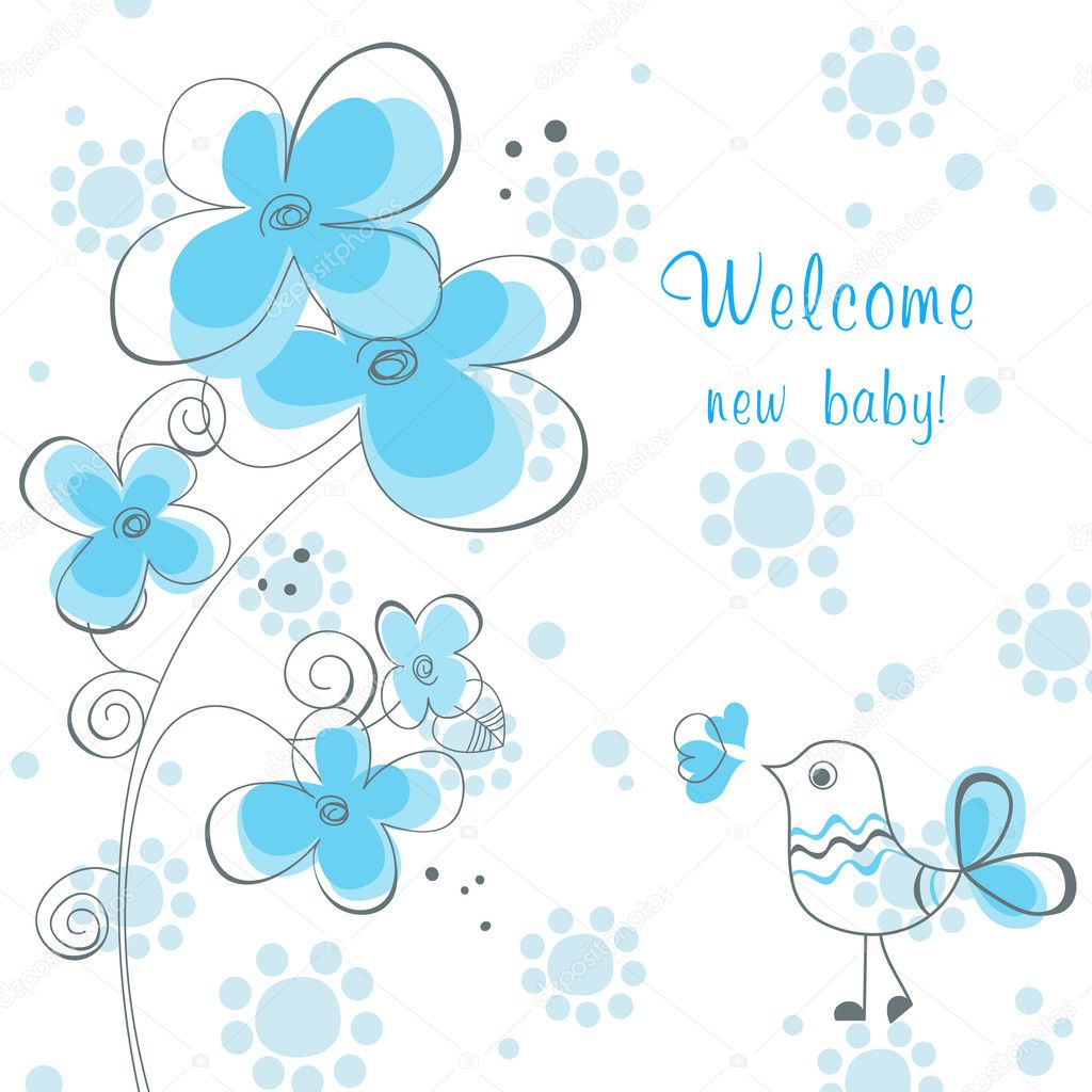 Baby boy shower with flowers and cute bird