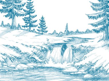 Mountain river pencil drawing clipart