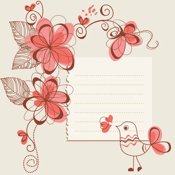 Květiny a pták romantické karta — Stockový vektor